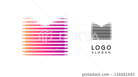 Abstract wide letter M, logo with horizontal gradient lines, dynamic gradient logotype for tech companies, software development, and innovative brands. Vector illustration. Abstract wide letter M, logo with horizontal gradient lines, dynamic gradient logotype for tech companies, software development, and innovative brands. Vector illustration. 116881683