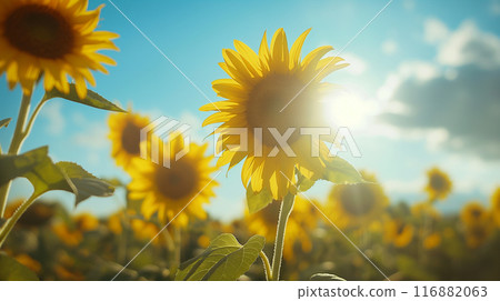 Summer sunflower field and blue sky 116882063
