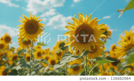 Summer sunflower field and blue sky 116882064