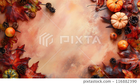 Frame with autumnal images. Pumpkins and autumn leaves. White background with space for copy or text. 116882390