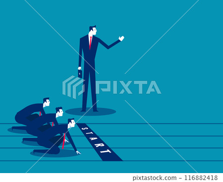 Business manager with pointed hand ordering his staff to start running 116882418