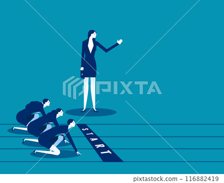 Business manager with pointed hand ordering his staff to start running Business manager with pointed hand ordering his staff to start running 116882419