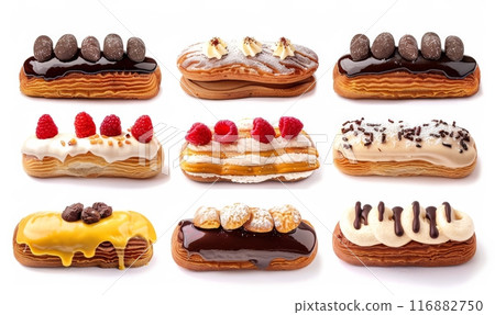 Assortment of eclairs pastry on white background 116882750