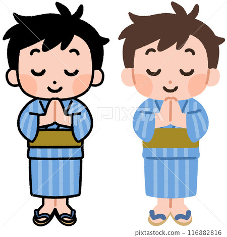 Boy in yukata clasping hands Boy in yukata clasping hands 116882816