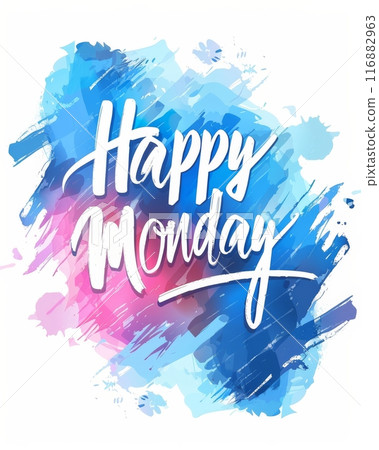 Happy monday - motivational message. Modern calligraphy inspirational text on multicolored watercolor paint splash. Inspirational painted illustration Happy monday - motivational message. Modern calligraphy inspirational text on multicolored watercolor paint splash. Inspirational painted illustration 116882963