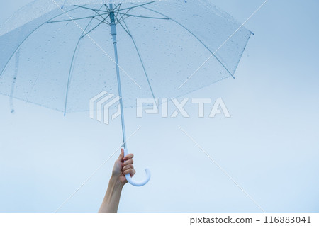 傾盆大雨中撐著傘的中年婦女 116883041