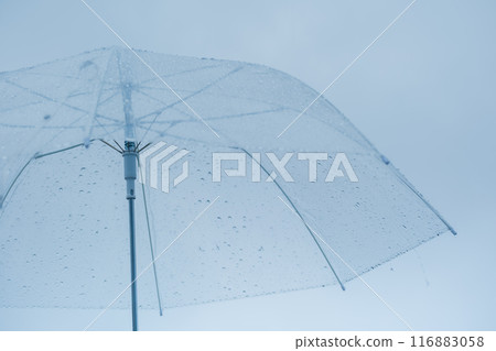 傾盆大雨中撐著傘的中年婦女 116883058