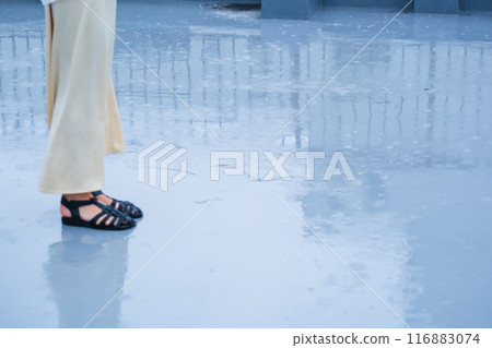 中年婦女站在傾盆大雨中 中年婦女站在傾盆大雨中 116883074