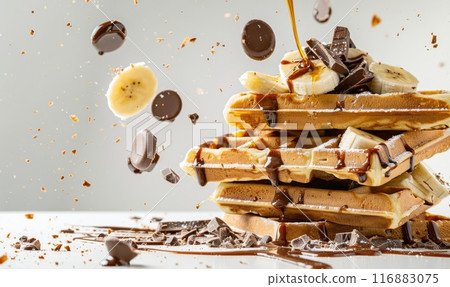 Belgian waffles with melted chocolate and bananas, flying ingredients. Tasty breakfast concept. 116883075