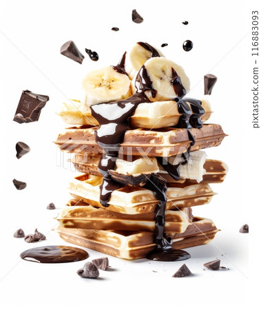 Belgian waffles with melted chocolate and bananas, flying ingredients. Tasty breakfast concept. Belgian waffles with melted chocolate and bananas, flying ingredients. Tasty breakfast concept. 116883093