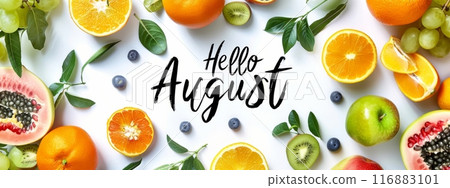 Hello August - modern calligraphy lettering on banner background with fruity frame 116883101