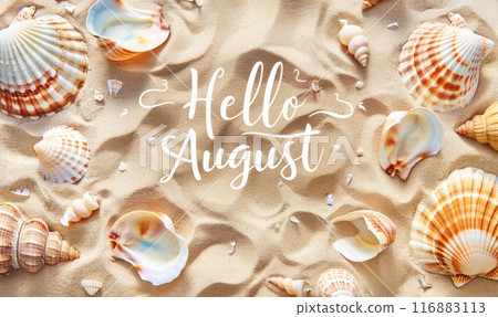 Hello August - modern calligraphy lettering. Summer concept background, with sand beach background. Seashells frame 116883113