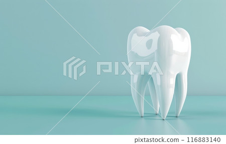 Tooth on light blue background with copyspace. Template for dentist clinic banner background. Tooth on light blue background with copyspace. Template for dentist clinic banner background. 116883140