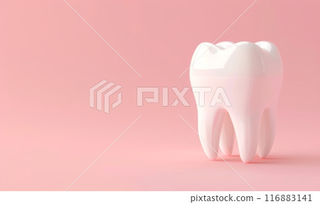 Tooth on light pink background with copyspace. Template for dentist clinic banner background. Tooth on light pink background with copyspace. Template for dentist clinic banner background. 116883141