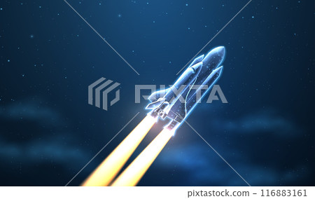 Spaceship takeoff. Rocket launch, Space shuttle, Mission start Spaceship takeoff. Rocket launch, Space shuttle, Mission start 116883161