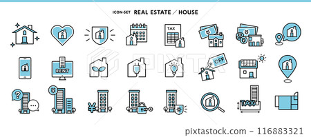 Icon set of houses, apartments, and buildings - cleaning, taxes, eco-friendly housing, all-electric, solar power generation, 116883321