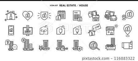 Icon set of houses, apartments, and buildings - cleaning, taxes, eco-friendly housing, all-electric, solar power generation, 116883322
