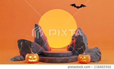 A Halloween-themed scene with a stone pedestal surrounded by rocks, two carved pumpkins 116883502