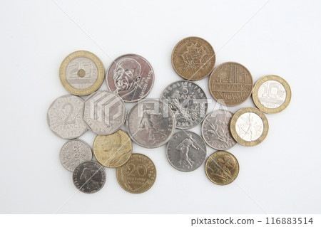 Picture taken on a white background. Little old world money series. French francs Picture taken on a white background. Little old world money series. French francs 116883514
