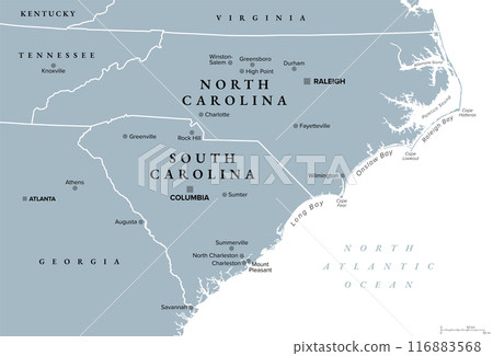 The Carolinas or simply Carolina, U.S. states North and South Carolina, gray political map, with borders and capitals Raleigh and Columbia. Bordered by Virginia, Tennessee, Georgia, and the Atlantic. 116883568