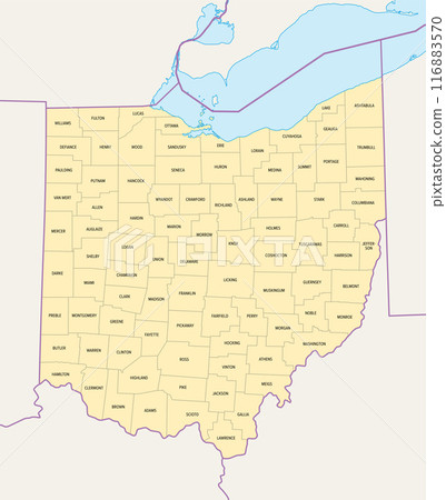 Ohio counties, political map with borders and county names. State in the Midwestern region of the United States, subdivided into 88 counties. Nicknamed Buckeye State, and Heart Of It All. Illustration 116883570