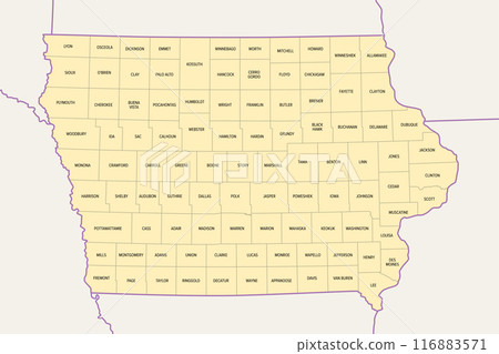 Iowa counties, political map with borders and county names. Landlocked state in the Midwestern region of the United States, subdivided into 99 counties. Nicknamed The Hawkeye State. Illustration 116883571
