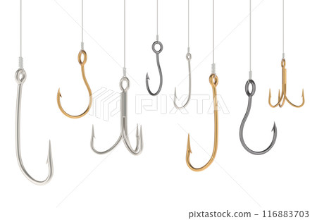 Many Fishing Hooks on fishing lines. 3D rendering 116883703