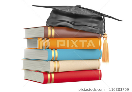 Stack of books with graduation cap, 3D rendering Stack of books with graduation cap, 3D rendering 116883709