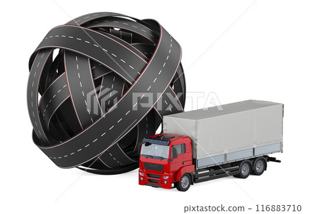 Tangled ball of roads with lorry truck. 3D rendering 116883710