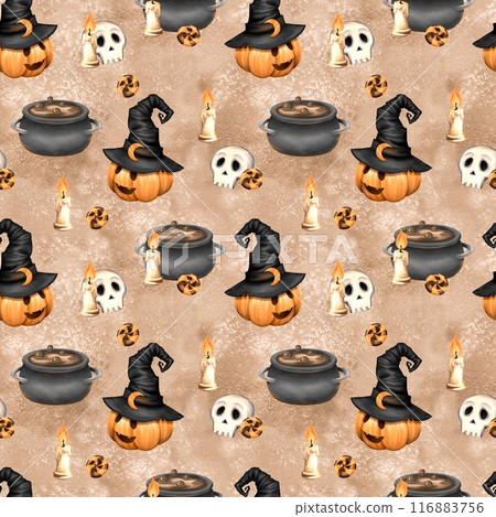 Halloween seamless pattern with pumpkins, skulls, candles and potion 116883756