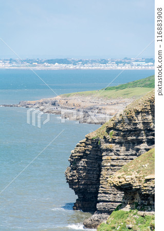 A cliff standing tall along the coast with exposed geological strata in the suburbs of South Wales 116883908