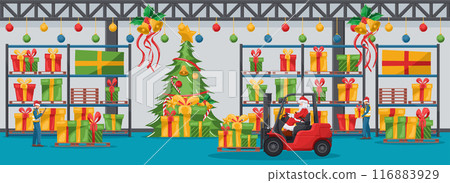 Industrial warehouse with pallet racks with gift boxes. Santa Claus driving a red forklift. Christmas campaign for cargo logistics and shipping of high demand merchandise for the Christmas season 116883929