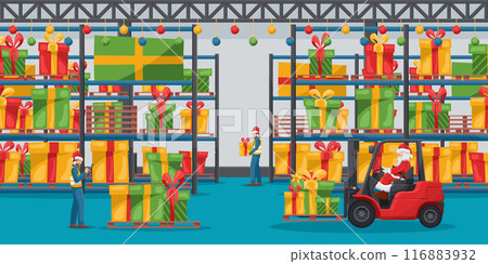 Industrial warehouse with pallet racks with gift boxes. Santa Claus driving a red forklift. Christmas campaign for cargo logistics and shipping of high demand merchandise for the Christmas season Industrial warehouse with pallet racks with gift boxes. Santa Claus driving a red forklift. Christmas campaign for cargo logistics and shipping of high demand merchandise for the Christmas season 116883932