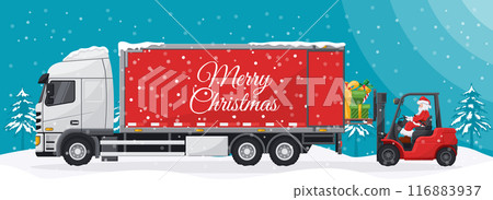 Santa Claus driving a forklift. Loading gifts to container truck. Christmas landscape. Christmas campaign for cargo logistics and shipping of high demand merchandise for the Christmas season Santa Claus driving a forklift. Loading gifts to container truck. Christmas landscape. Christmas campaign for cargo logistics and shipping of high demand merchandise for the Christmas season 116883937