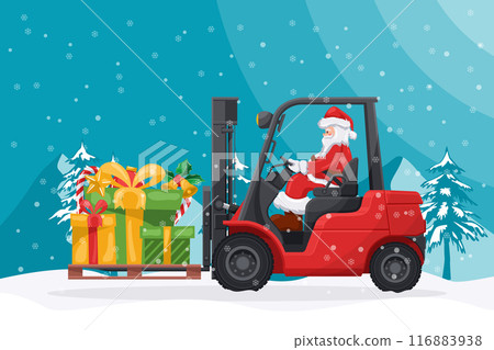 Santa Claus driving a red forklift with gift boxes, candy canes on a pallet for delivery and shipping. Christmas campaign for cargo logistics and shipping of high demand merchandise for the Christmas Santa Claus driving a red forklift with gift boxes, candy canes on a pallet for delivery and shipping. Christmas campaign for cargo logistics and shipping of high demand merchandise for the Christmas 116883938