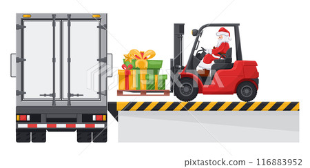 Santa Claus driving a forklift loading gifts to a container truck at the loading and unloading dock. Concept for cargo logistics and shipping of high demand merchandise for the Christmas season 116883952