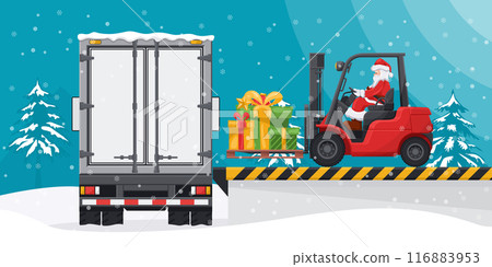 Santa Claus driving a forklift. Loading gifts to a container truck at the loading and unloading dock. Concept for cargo logistics and shipping of high demand merchandise for the Christmas season 116883953