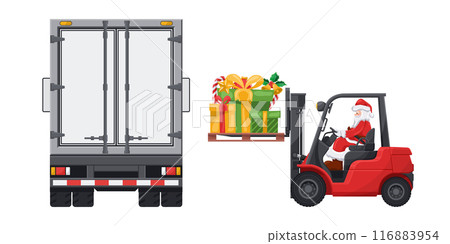 Santa Claus driving a red forklift . Loading gift boxes into a container truck for distribution. Christmas campaign for cargo logistics and shipping of high demand merchandise for the Christmas season Santa Claus driving a red forklift . Loading gift boxes into a container truck for distribution. Christmas campaign for cargo logistics and shipping of high demand merchandise for the Christmas season 116883954