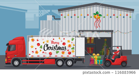 Exterior of a warehouse decorated with christmas  lights.  Santa Claus driving a forklift loading gifts to a container truck. Christmas campaign for cargo logistics and shipping of merchandise 116883966