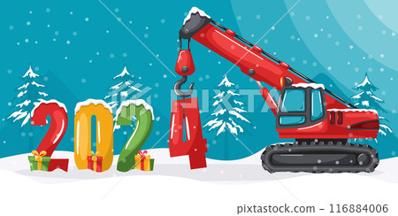 Red crawler or chain telescopic crane placing the year 2024. Christmas winter landscape with snow. Celebrating the beginning of a happy new year. Heavy machinery used in the construction industry 116884006
