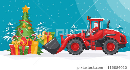 Santa Claus driving front loader carrying gifts to a Christmas tree. Christmas winter landscape with snow. Celebrating the beginning of a happy new year. Heavy machinery in the construction industry 116884010