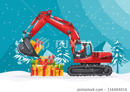 Santa Claus driving a tracked or crawler excavator loading boxes of gifts. Christmas winter with snow. Celebrating the beginning of a happy new year. Heavy machinery in the construction industry Santa Claus driving a tracked or crawler excavator loading boxes of gifts. Christmas winter with snow. Celebrating the beginning of a happy new year. Heavy machinery in the construction industry 116884018