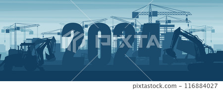Panoramic background of a crawler excavator and a backhoe with the year 2024 at dawn in a city under construction. Celebrating the beginning of a happy new year. heavy machinery 116884027