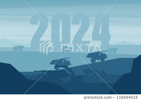 Dawn in a mining extraction with the year 2024 in the background with heavy machinery such as a mining truck, front loader and a tracked excavator. Celebrating the beginning of a happy new year 116884028