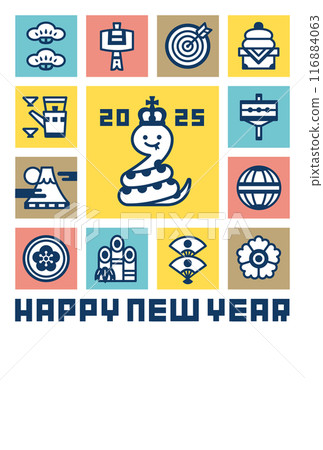 2025蛇年可愛新年賀卡明信片模板線描幸運符 icon_vertical 116884063