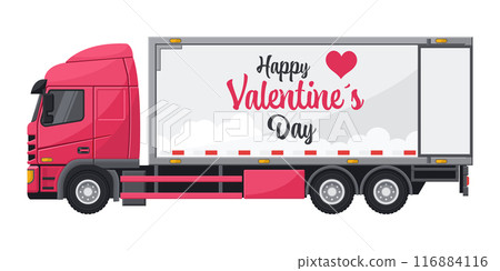 Pink container truck with Happy Valentine's Day text . Logistics campaign for loading and shipping high-demand merchandise for Valentine's Day 116884116
