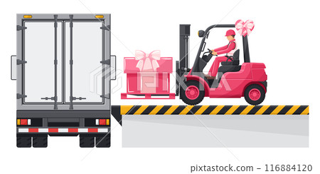 Industrial worker driving a pink forklift loading gift boxes to a container truck celebrating Valentine's Day. Logistics campaign for loading and shipping high demand merchandise for Valentine's Day Industrial worker driving a pink forklift loading gift boxes to a container truck celebrating Valentine's Day. Logistics campaign for loading and shipping high demand merchandise for Valentine's Day 116884120
