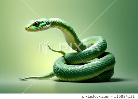 green forest snake close-up, isolated on green background 116884131