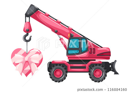 Telescopic crane on wheels cartoon pink color lifting a heart shaped gift box for Valentine's Day. Heavy machinery used in the construction and mining industry Telescopic crane on wheels cartoon pink color lifting a heart shaped gift box for Valentine's Day. Heavy machinery used in the construction and mining industry 116884160