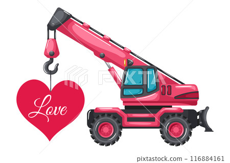 Telescopic crane on wheels cartoon pink color lifting a heart card for Valentine's Day. Heavy machinery used in the construction and mining industry 116884161